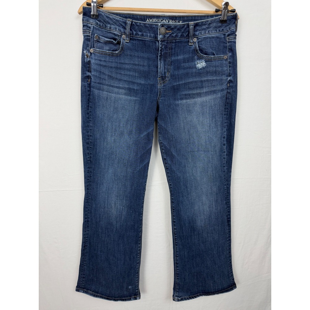 American Eagle Women Jeans 12 Blue Favorite Boyfriend Stretch Mid Rise Rip